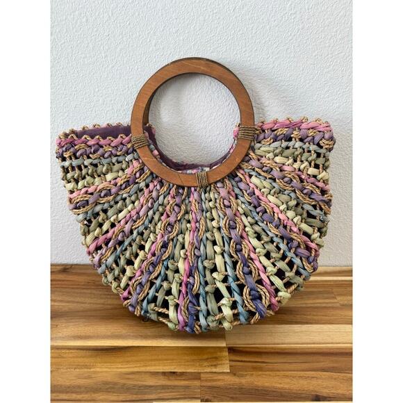 Vtg Capelli Straworld Dorfman Pacific Straw Bag Multicolored Pastel Wood Handles - Picture 1 of 5